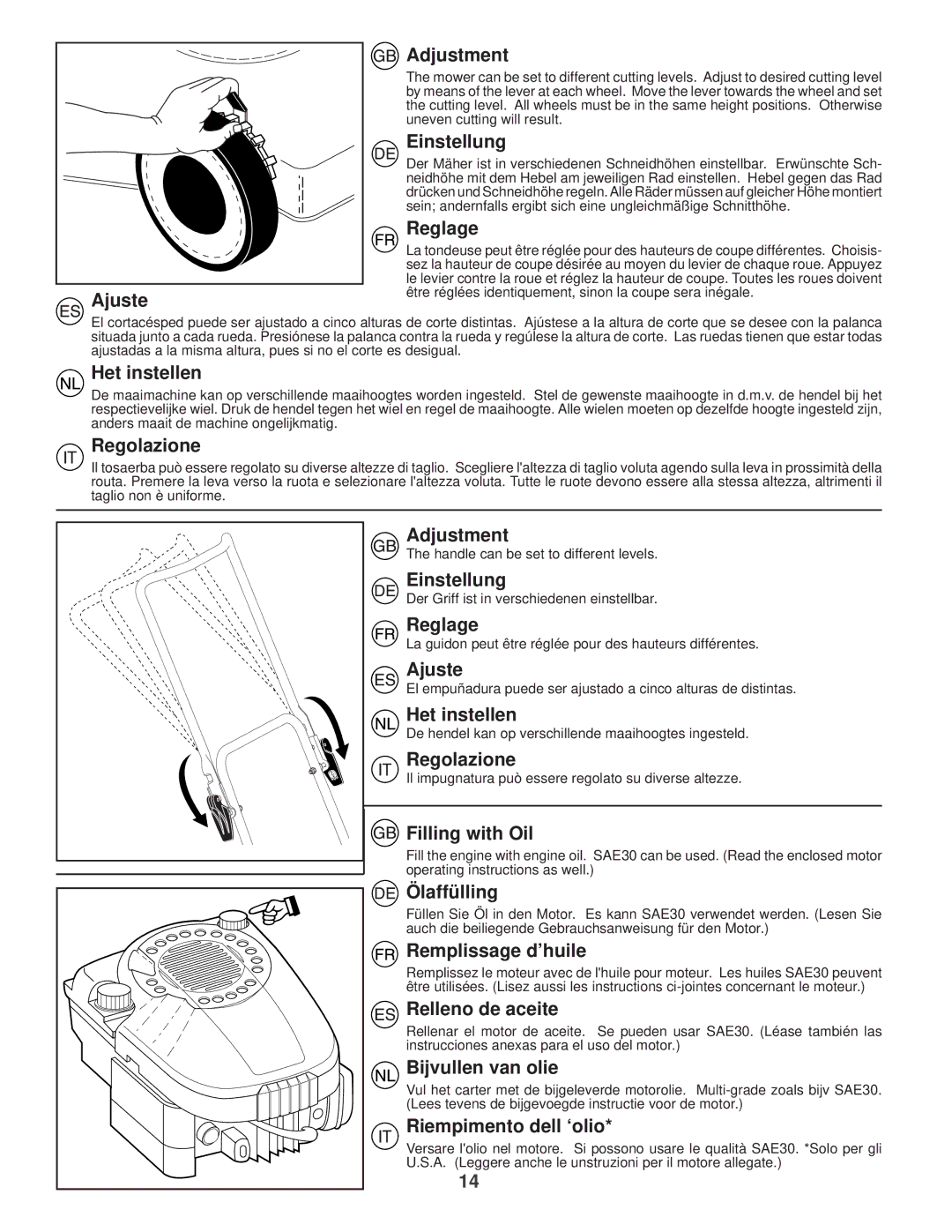 Husqvarna R 53 Ajuste, Adjustment, Einstellung, Reglage, Het instellen, Regolazione, Filling with Oil, Ölaffülling 