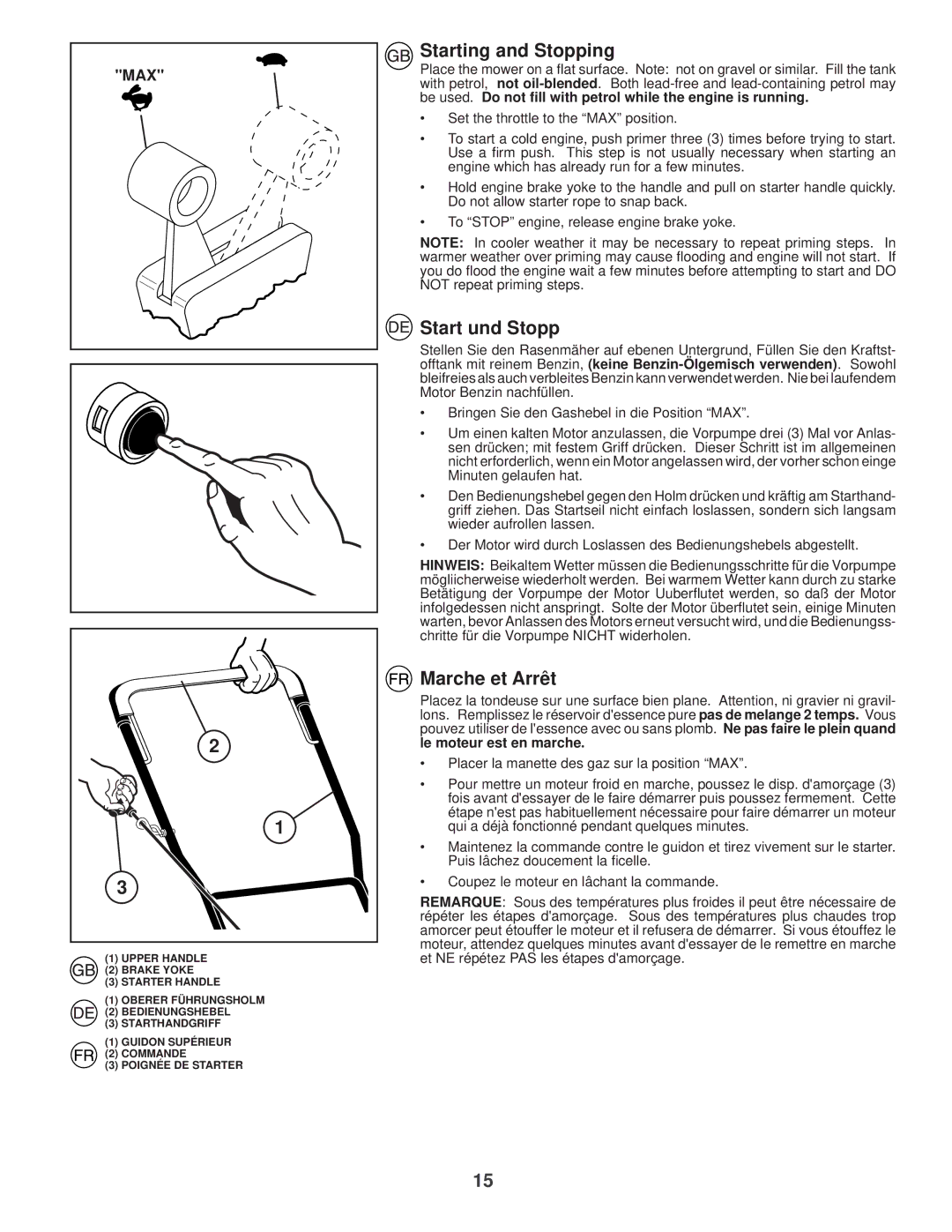 Husqvarna R 53 instruction manual Starting and Stopping, Start und Stopp, Marche et Arrêt 