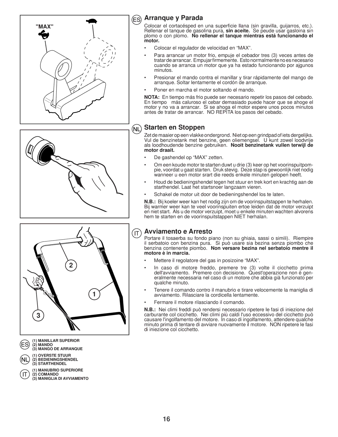 Husqvarna R 53 instruction manual Arranque y Parada, Starten en Stoppen, Avviamento e Arresto 