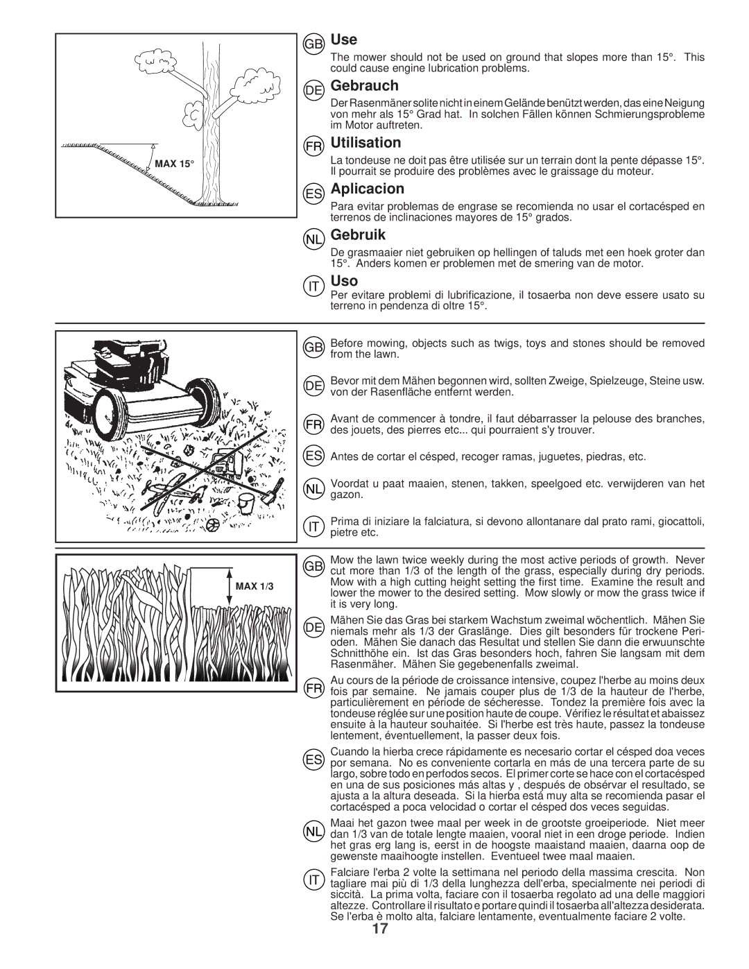 Husqvarna R 53 instruction manual Use, Gebrauch, Utilisation, Aplicacion, Gebruik, Uso 