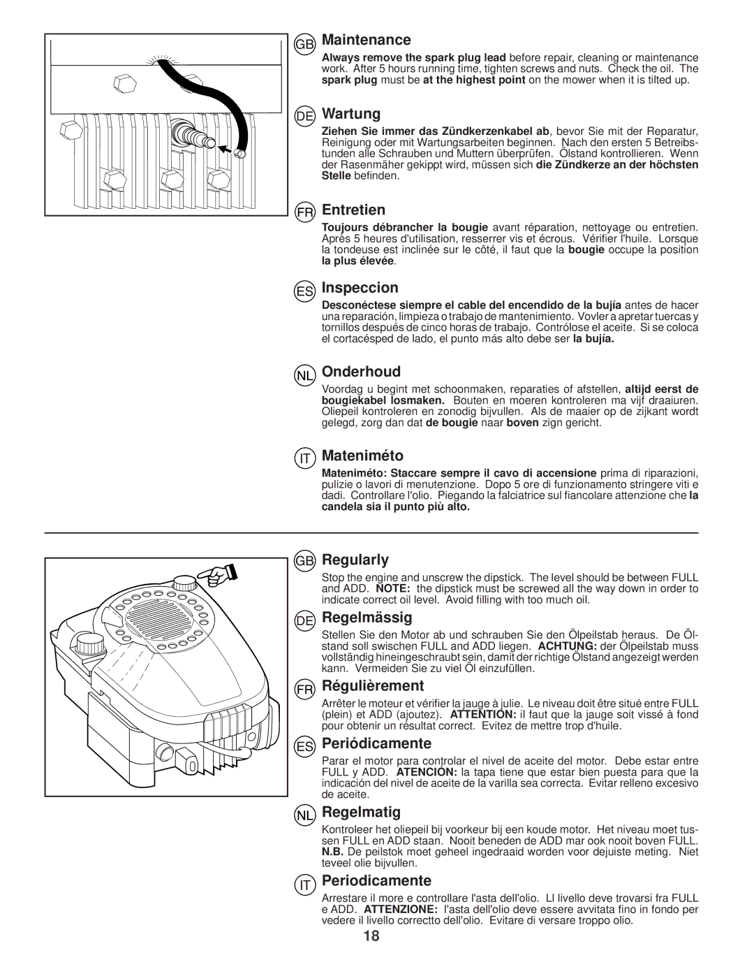 Husqvarna R 53 Maintenance, Wartung, Entretien, Inspeccion, Onderhoud, Mateniméto, Regularly, Regelmässig, Régulièrement 