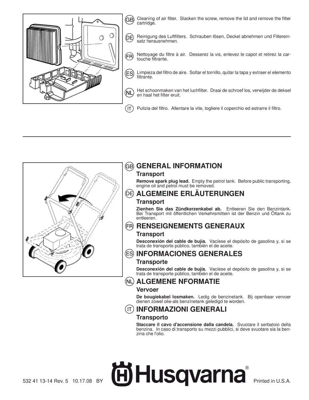 Husqvarna R 53 General Information, Algemeine Erläuterungen, Renseignements Generaux, Informaciones Generales 