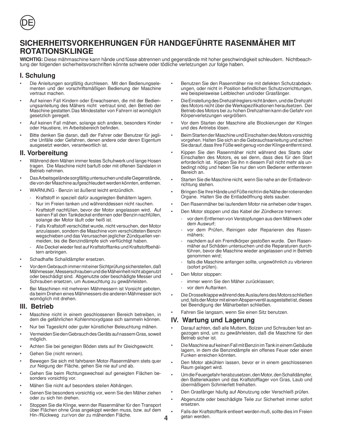 Husqvarna R 53 instruction manual Schulung, II. Vorbereitung, III. Betrieb, IV. Wartung und Lagerung 