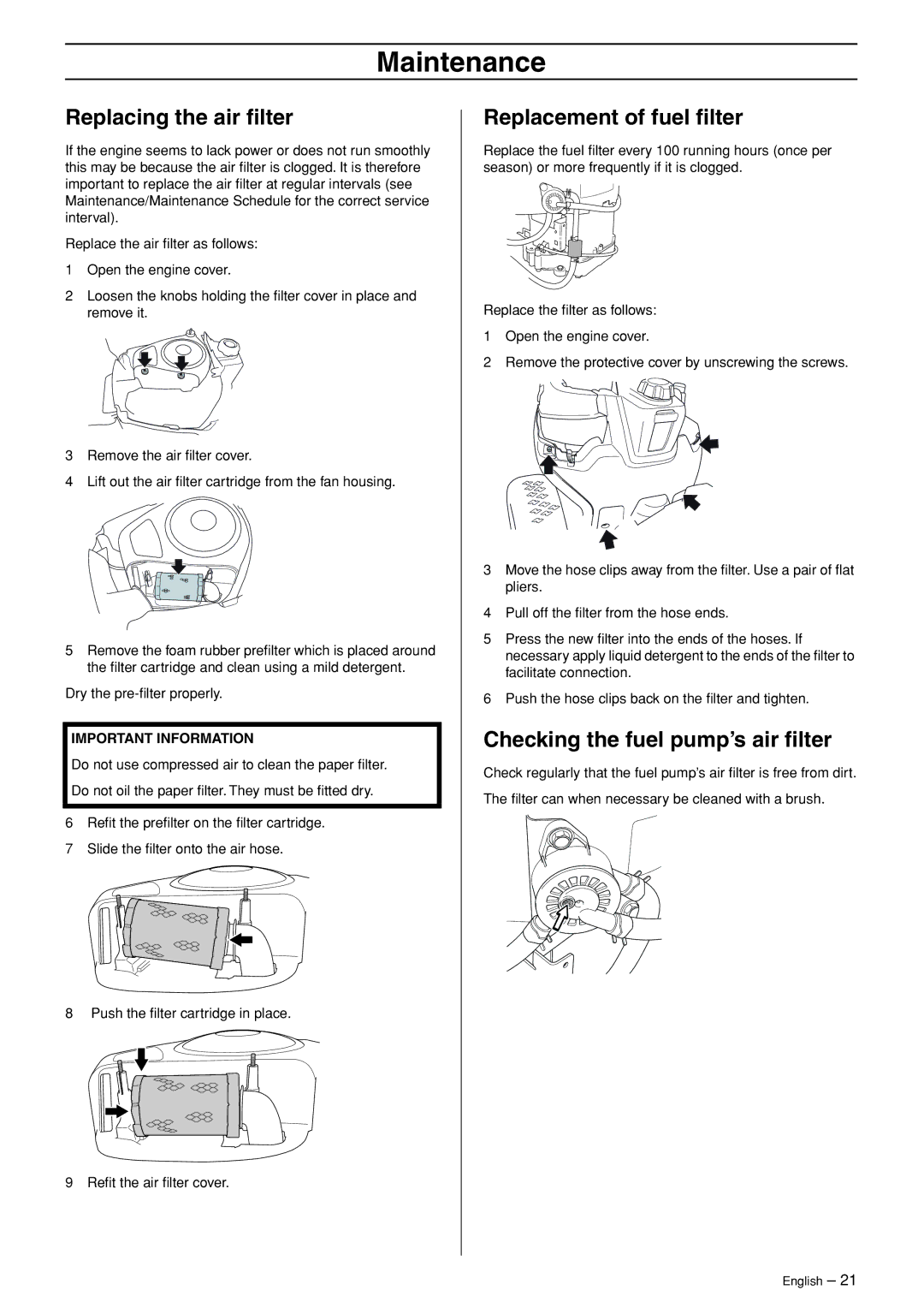 Husqvarna R120S manuel dutilisation Replacing the air ﬁlter, Replacement of fuel ﬁlter, Checking the fuel pump’s air ﬁlter 