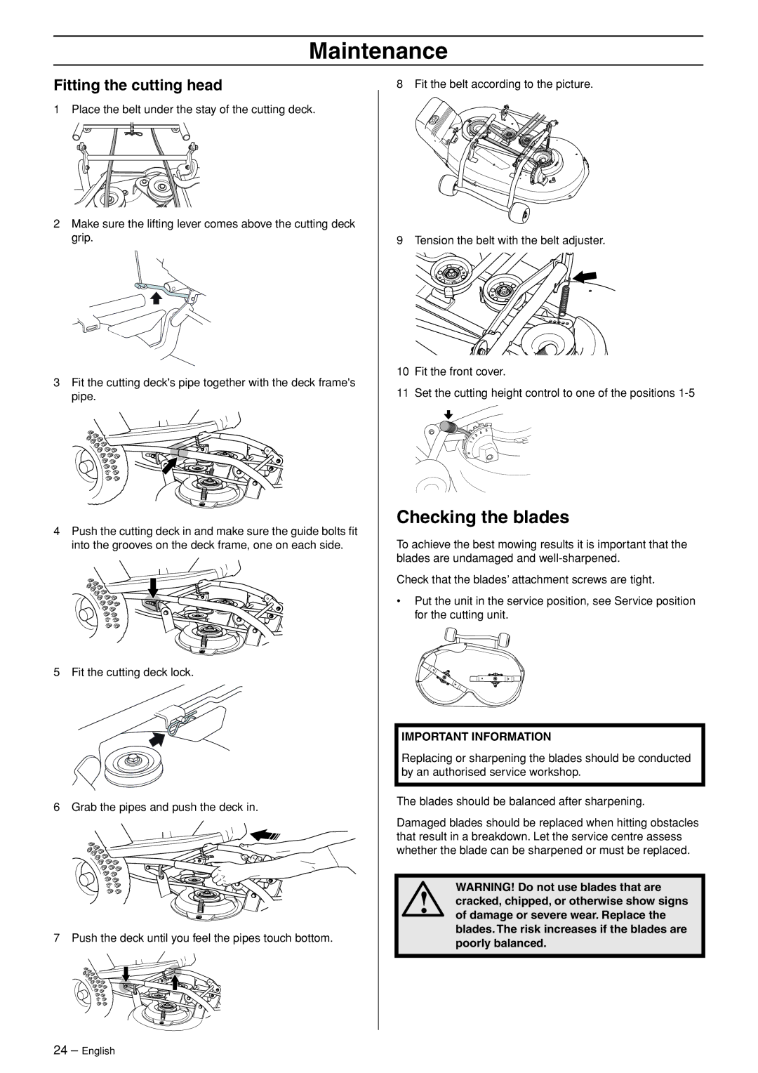 Husqvarna R120S Checking the blades, Fitting the cutting head, Damage or severe wear. Replace, Poorly balanced 