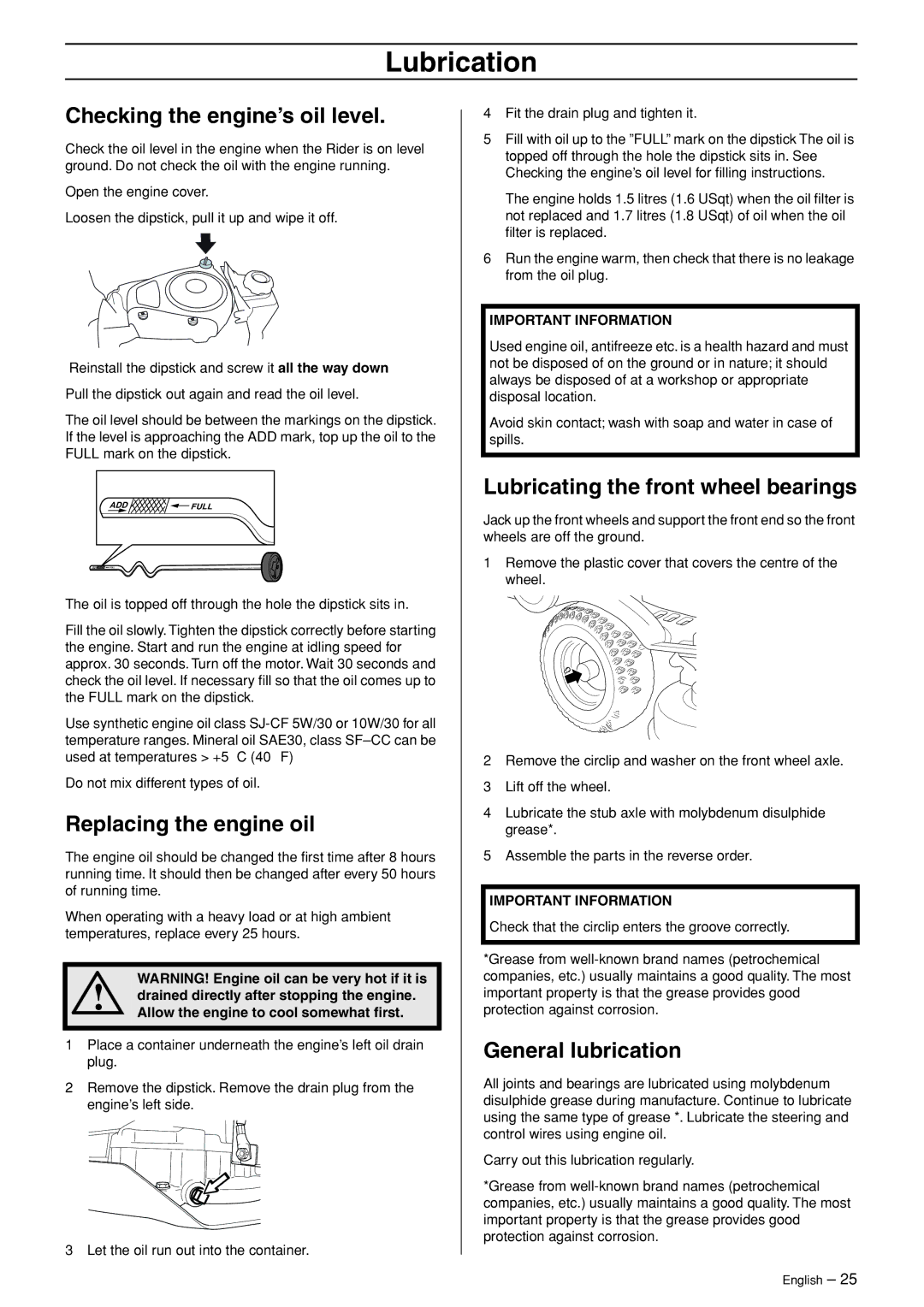 Husqvarna R120S Lubrication, Checking the engine’s oil level, Replacing the engine oil, General lubrication 