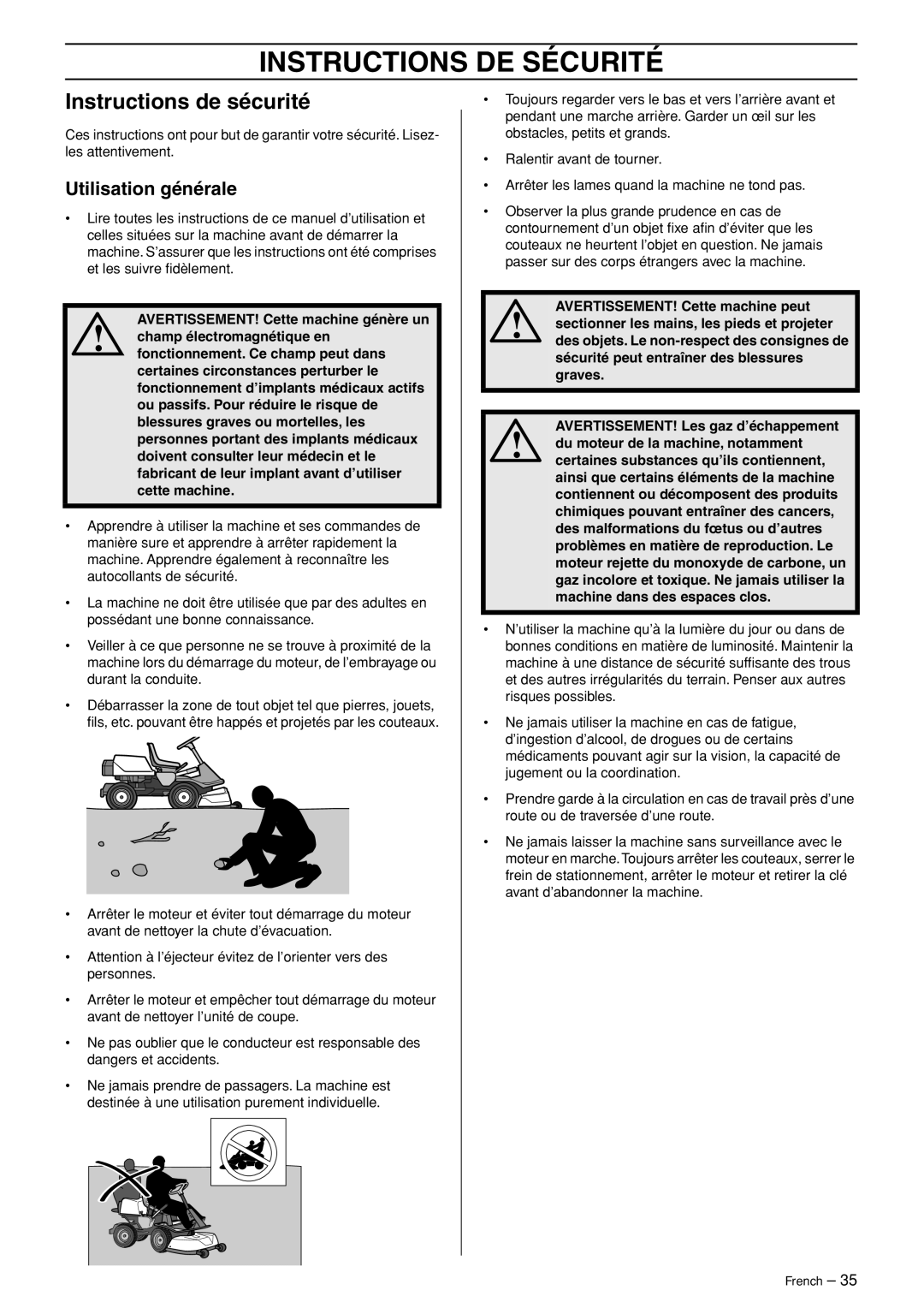 Husqvarna R120S manuel dutilisation Instructions DE Sécurité, Instructions de sécurité, Utilisation générale 