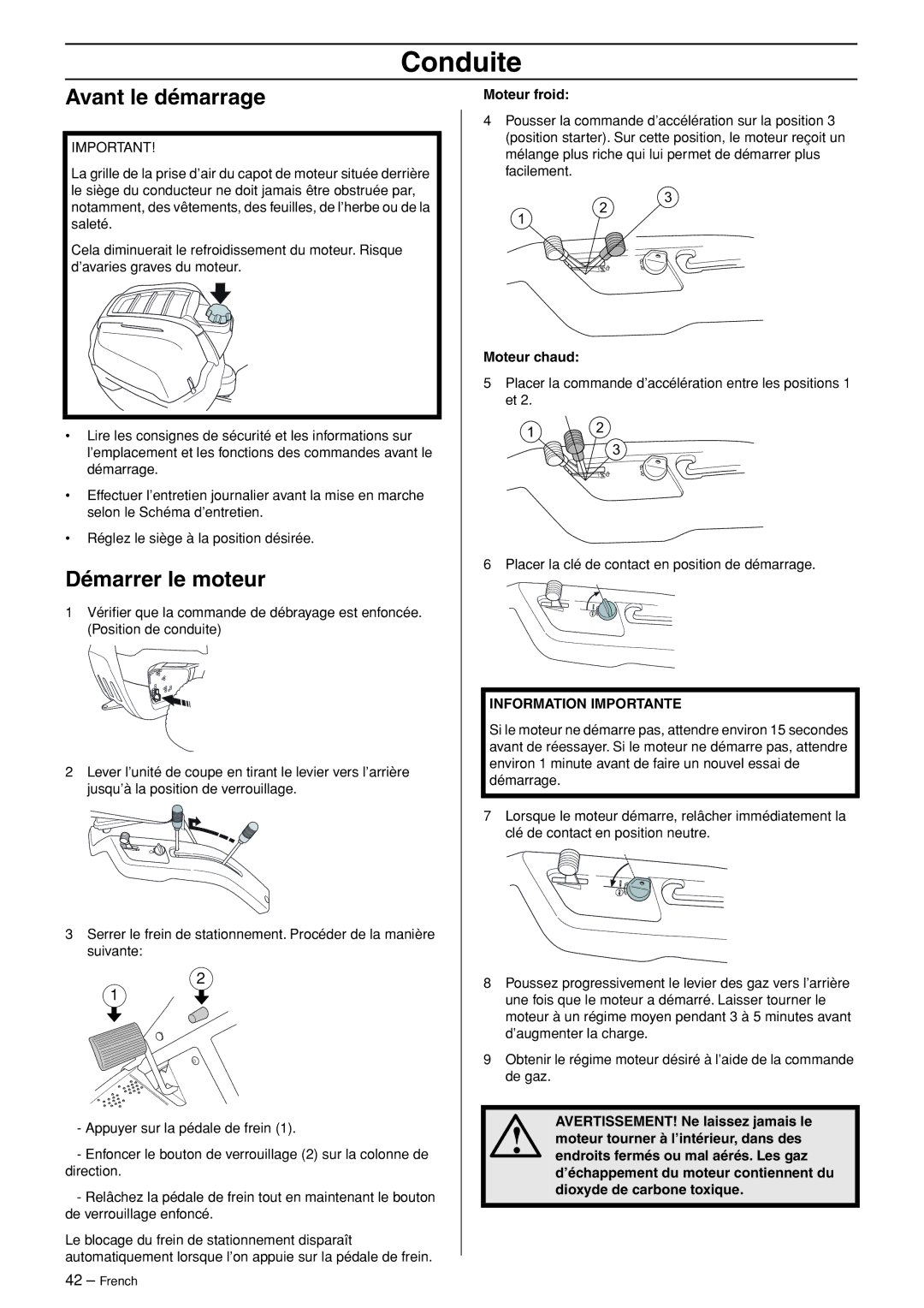 Husqvarna R120S manuel dutilisation Conduite, Avant le démarrage, Démarrer le moteur 