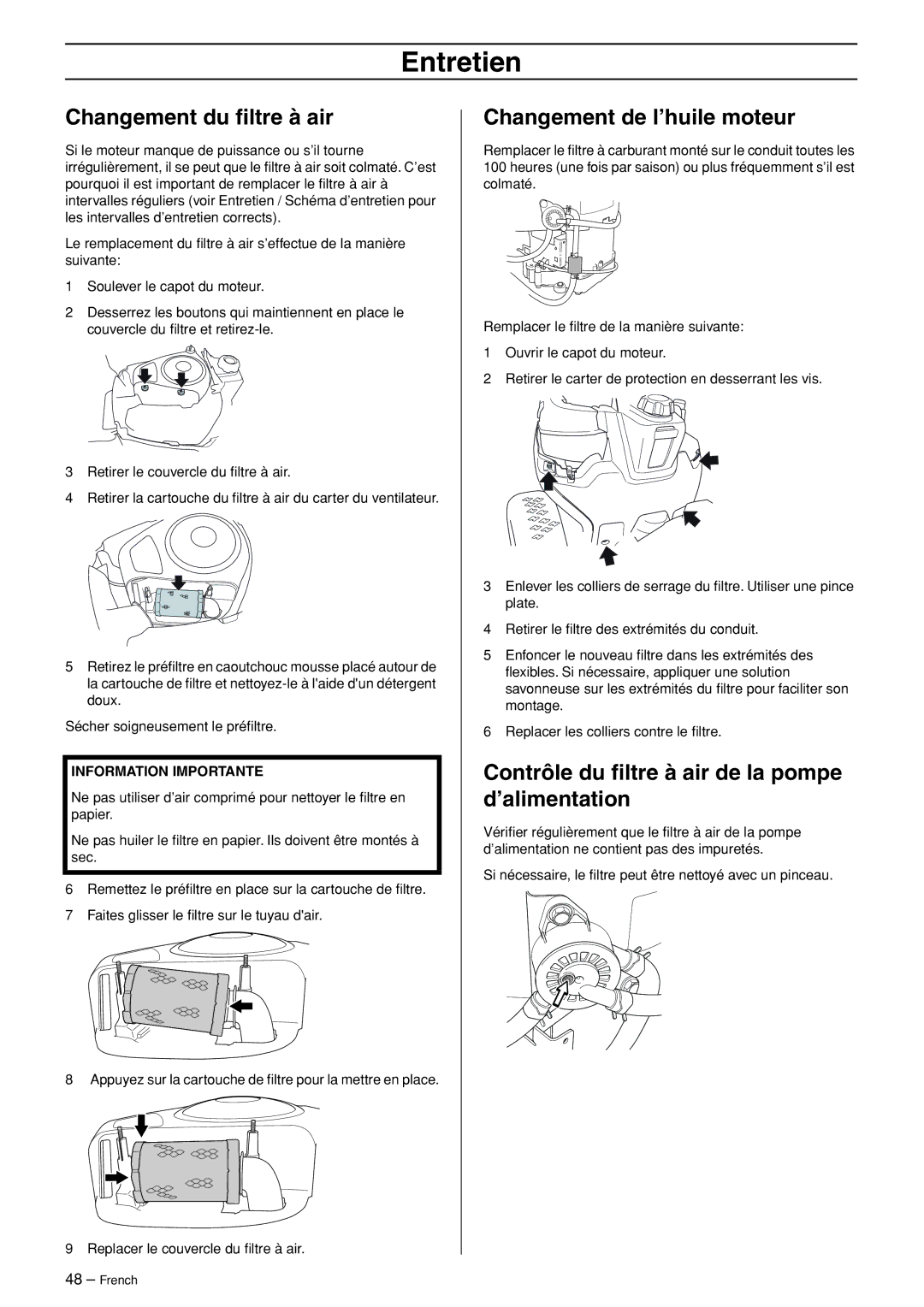 Husqvarna R120S manuel dutilisation Changement du ﬁltre à air, Changement de l’huile moteur 