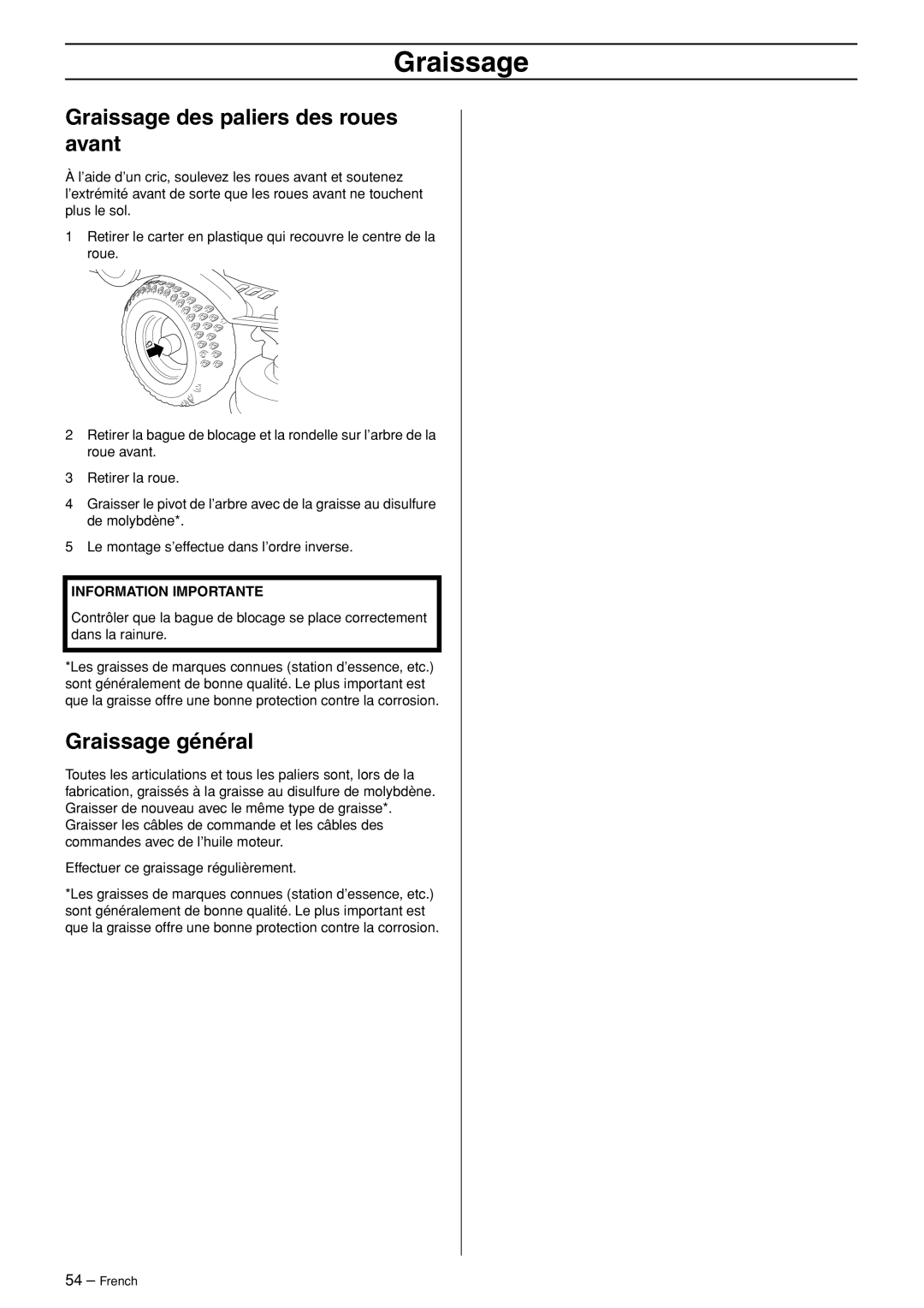 Husqvarna R120S manuel dutilisation Graissage des paliers des roues avant, Graissage général 