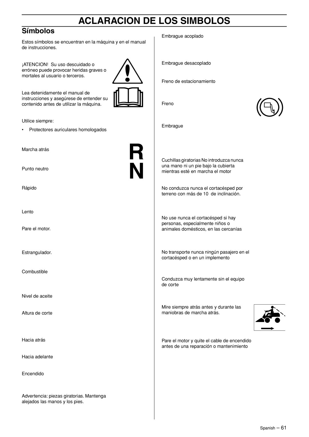 Husqvarna R120S manuel dutilisation Aclaracion DE LOS Simbolos, Símbolos 