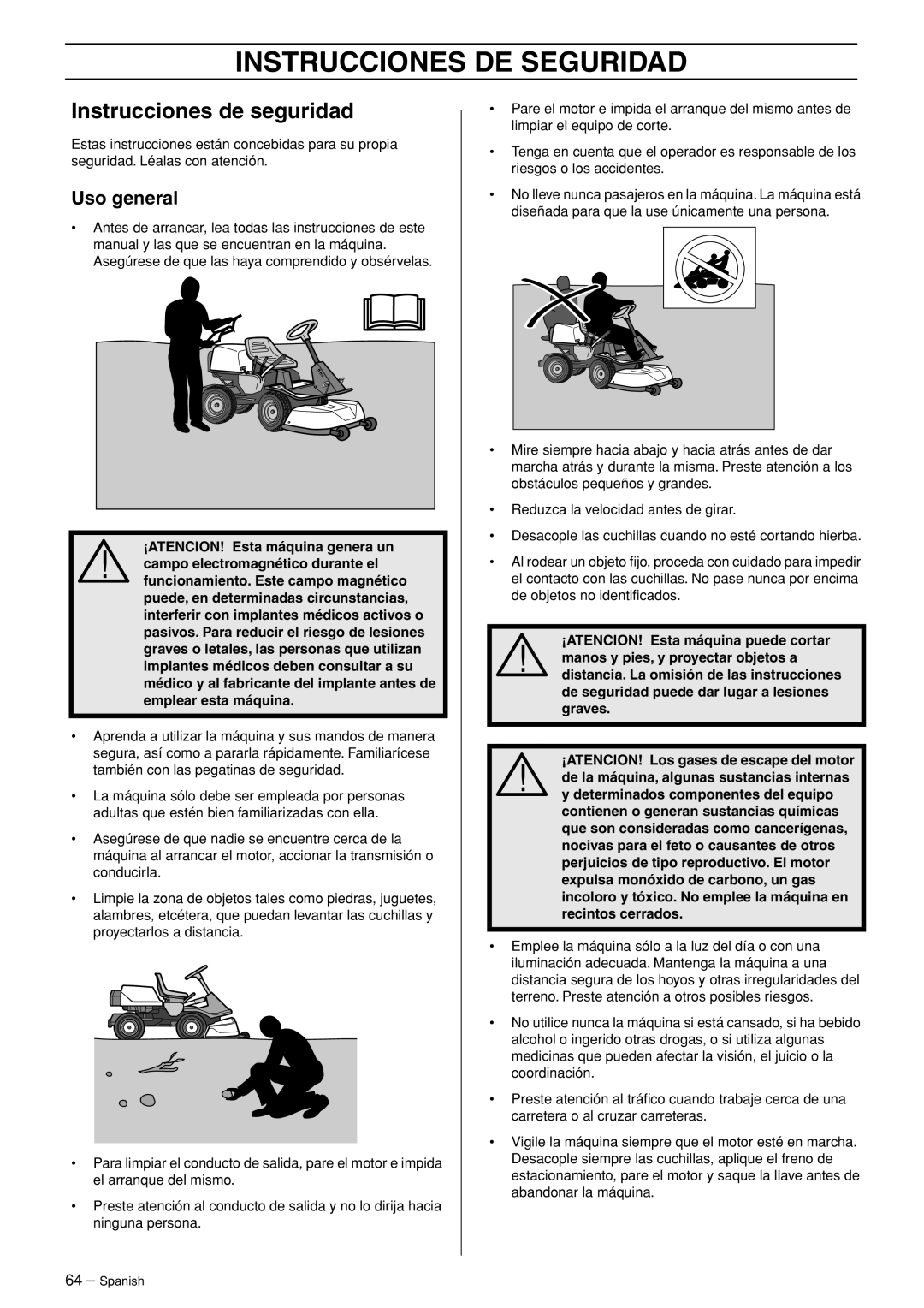 Husqvarna R120S manuel dutilisation Instrucciones DE Seguridad, Instrucciones de seguridad, Uso general 