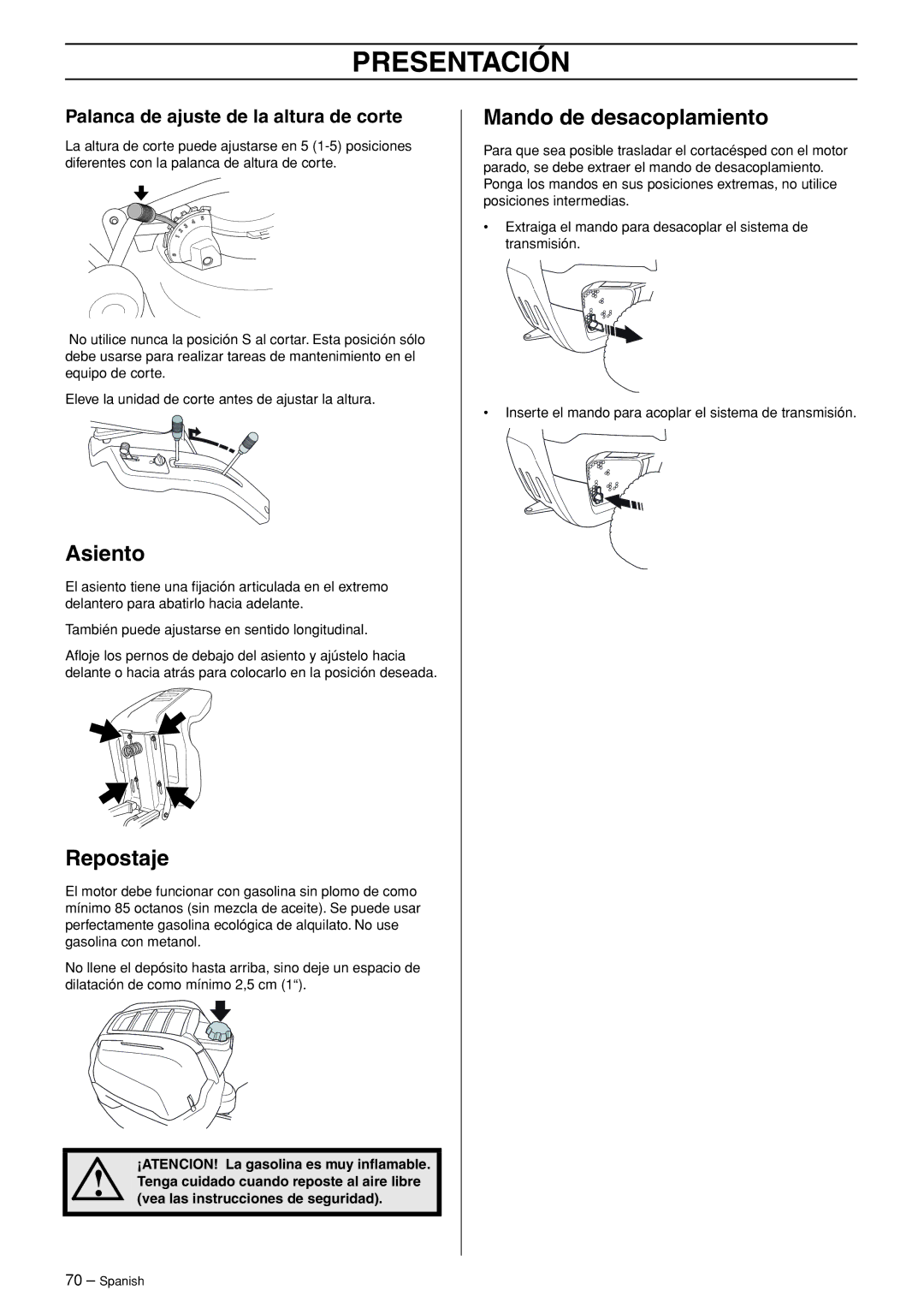 Husqvarna R120S manuel dutilisation Asiento, Repostaje, Palanca de ajuste de la altura de corte 