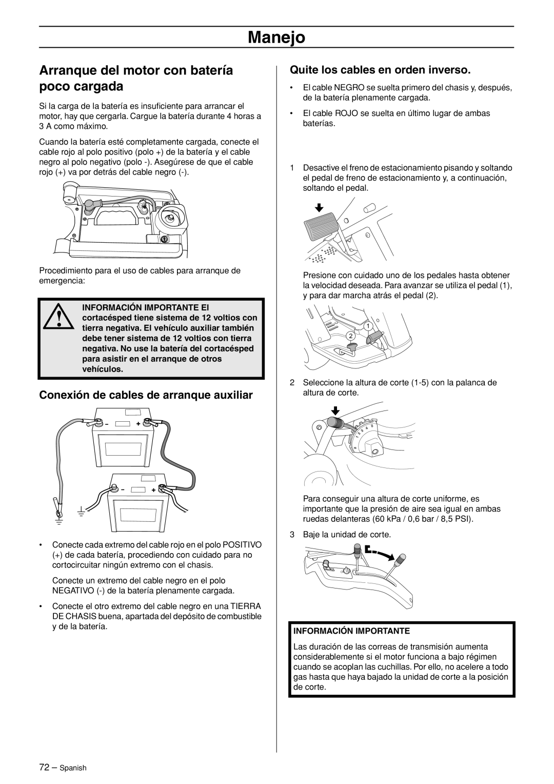 Husqvarna R120S manuel dutilisation Arranque del motor con batería poco cargada, Conexión de cables de arranque auxiliar 