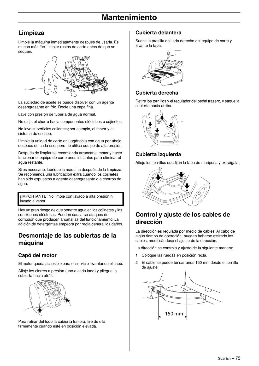 Husqvarna R120S Limpieza, Desmontaje de las cubiertas de la máquina, Control y ajuste de los cables de dirección 