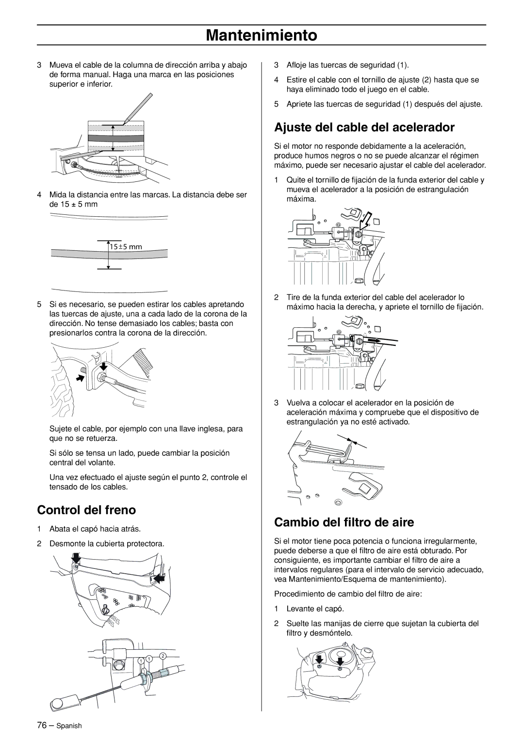 Husqvarna R120S manuel dutilisation Control del freno, Ajuste del cable del acelerador, Cambio del ﬁltro de aire 