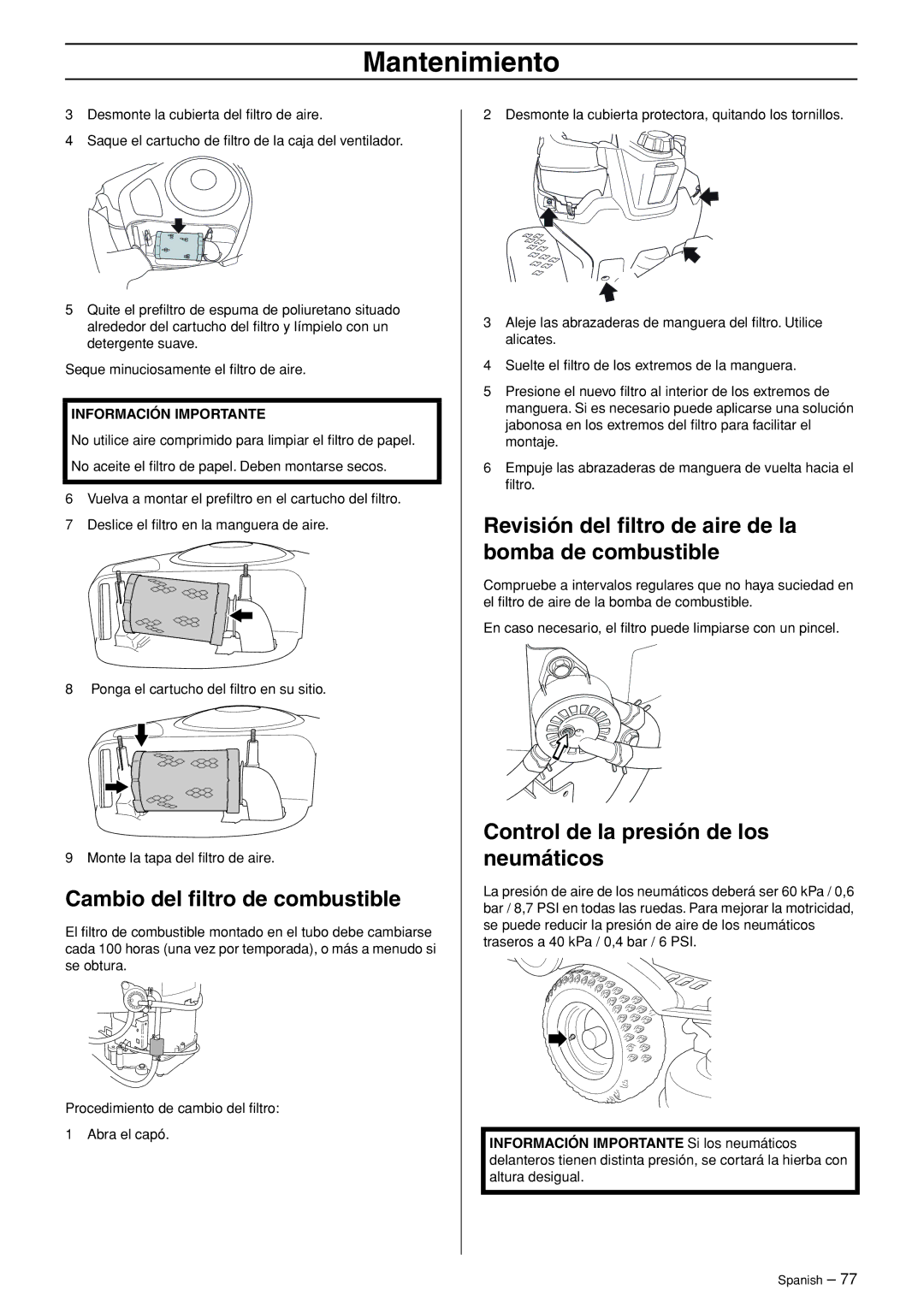 Husqvarna R120S manuel dutilisation Cambio del ﬁltro de combustible, Revisión del ﬁltro de aire de la bomba de combustible 