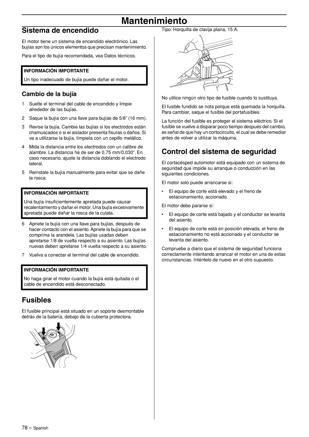 Husqvarna R120S manuel dutilisation Sistema de encendido, Control del sistema de seguridad, Cambio de la bujía 