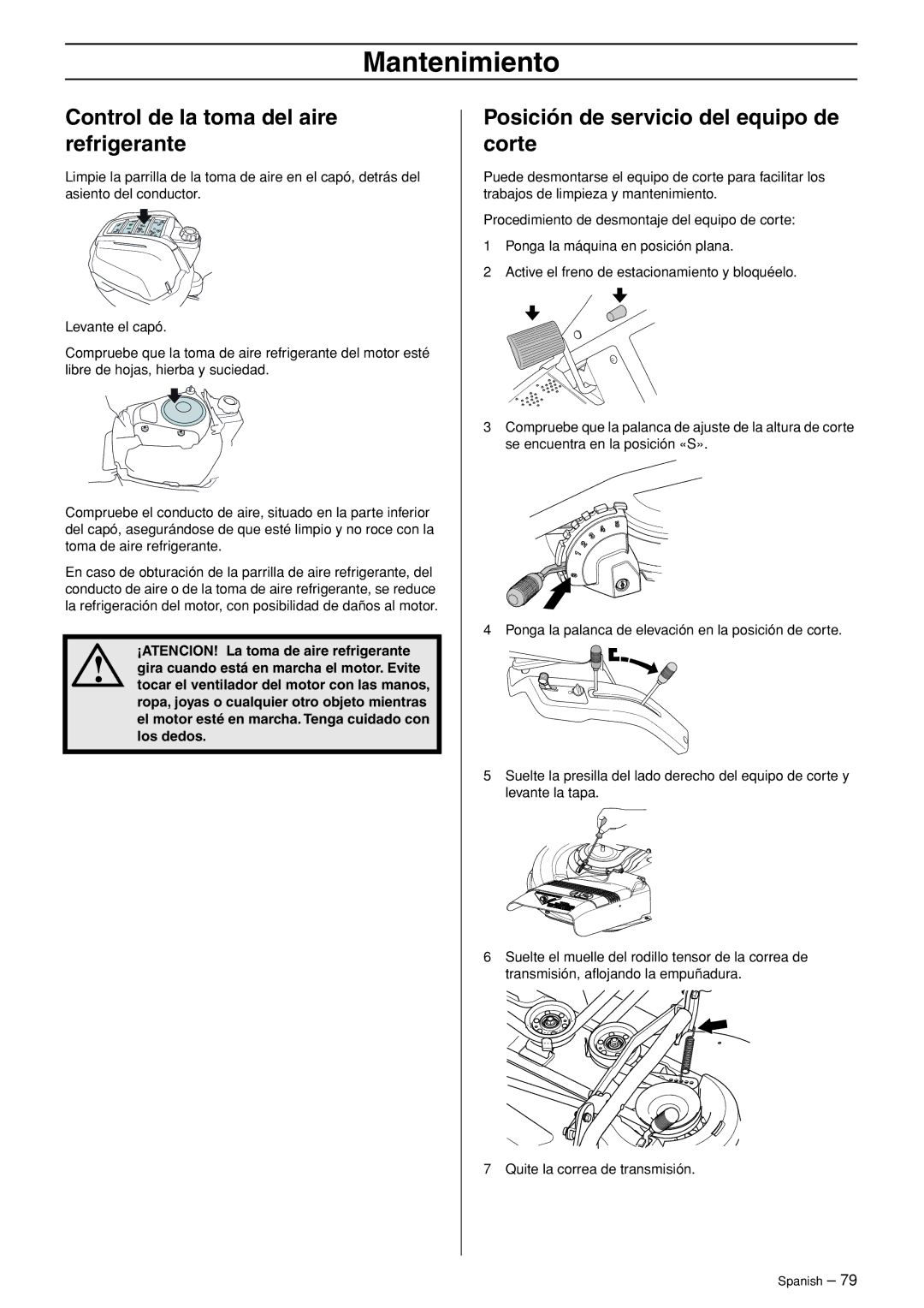 Husqvarna R120S manuel dutilisation Control de la toma del aire refrigerante, Posición de servicio del equipo de corte 