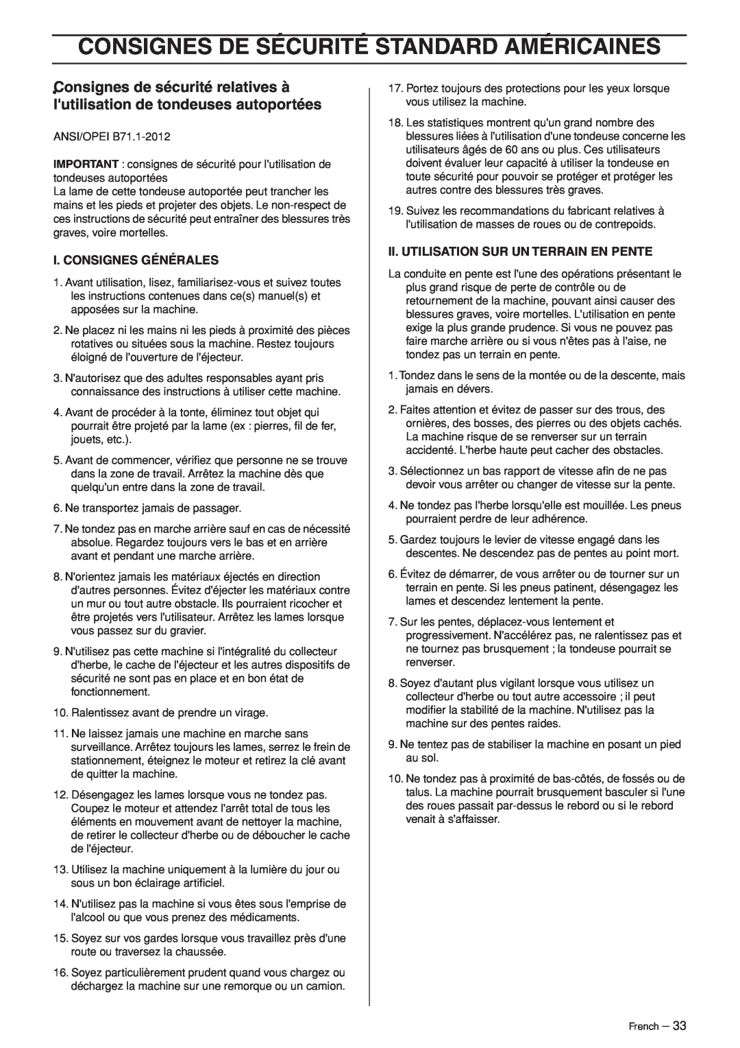 Husqvarna R120S manuel dutilisation Consignes De Sécurité Standard Américaines, I. Consignes Générales 