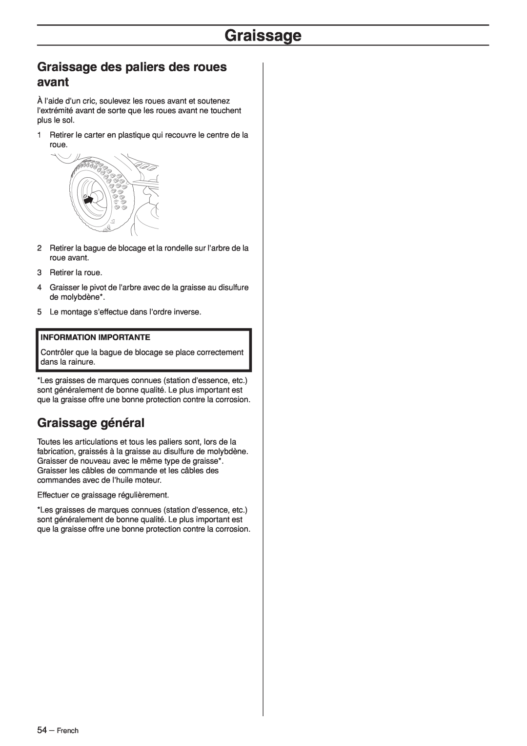Husqvarna R120S manuel dutilisation Graissage des paliers des roues avant, Graissage général, Information Importante 