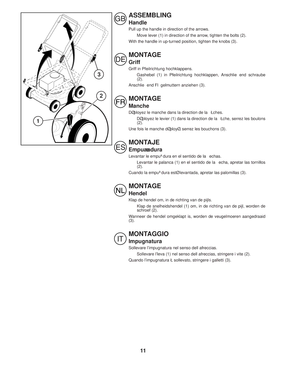 Husqvarna R145 instruction manual Handle, Griff, Manche, Empuñadura, Hendel, Impugnatura 