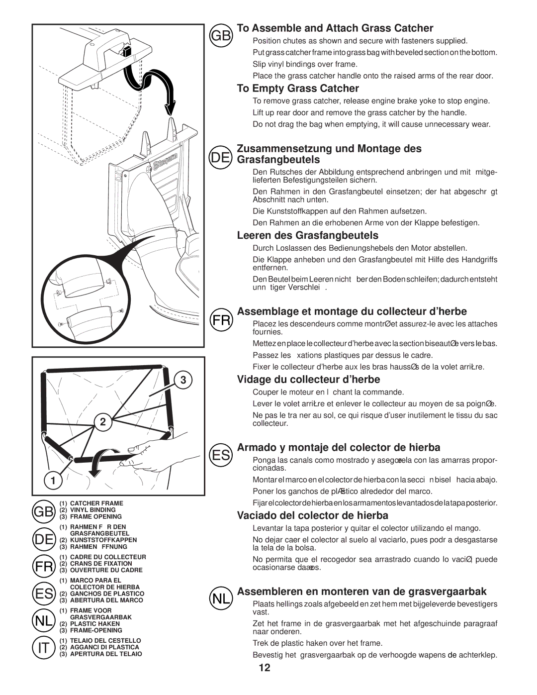 Husqvarna R145 instruction manual To Assemble and Attach Grass Catcher, To Empty Grass Catcher, Leeren des Grasfangbeutels 