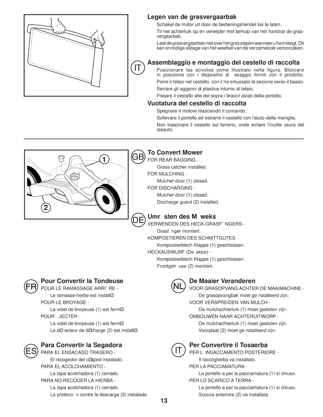 Husqvarna R145 Legen van de grasvergaarbak, Assemblaggio e montaggio del cestello di raccolta, To Convert Mower 