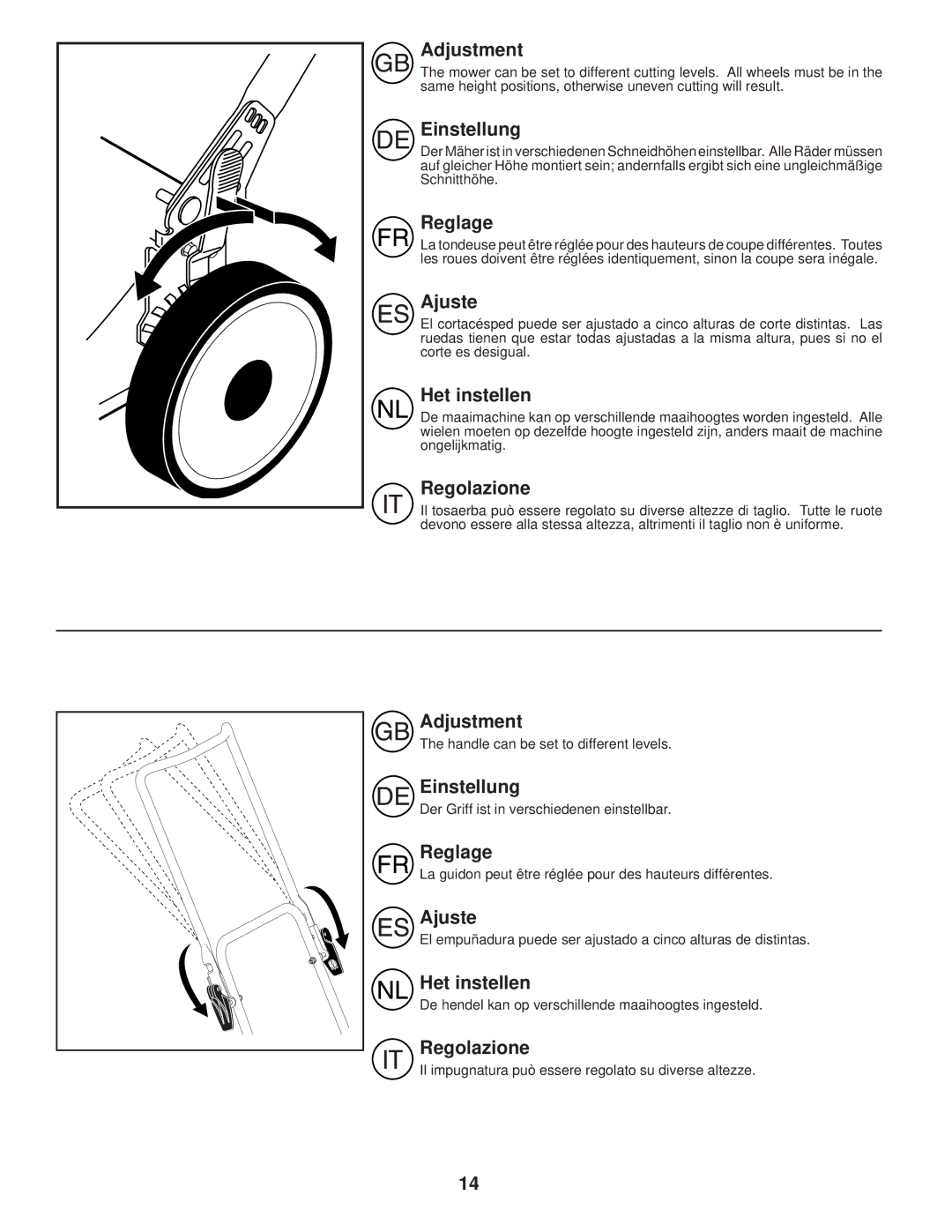 Husqvarna R145 instruction manual Adjustment, Einstellung, Reglage, Ajuste, Het instellen, Regolazione 