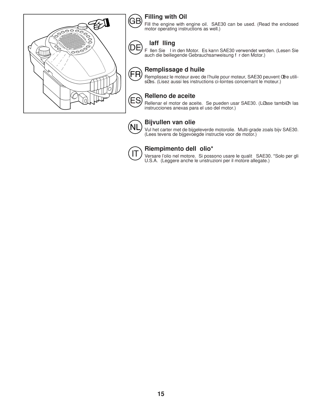 Husqvarna R145 instruction manual Filling with Oil, Ölaffülling, Remplissage d’huile, Relleno de aceite, Bijvullen van olie 