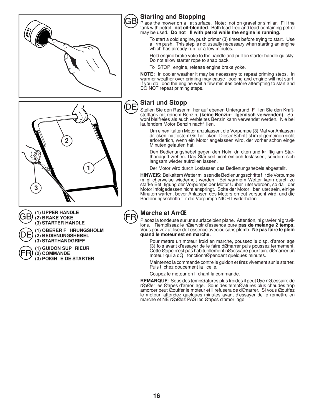 Husqvarna R145 instruction manual Starting and Stopping, Start und Stopp, Marche et Arrêt 