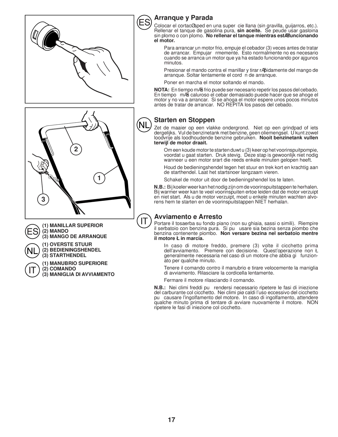 Husqvarna R145 instruction manual Arranque y Parada, Starten en Stoppen, Avviamento e Arresto 