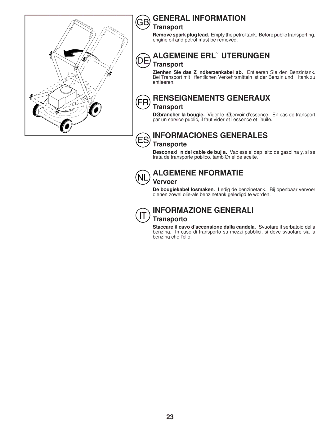 Husqvarna R145 instruction manual Transporte, Vervoer, Transporto 