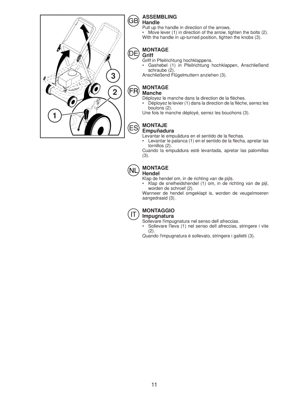 Husqvarna R145SV instruction manual Handle, Griff, Manche, Empuñadura, Hendel, Impugnatura 