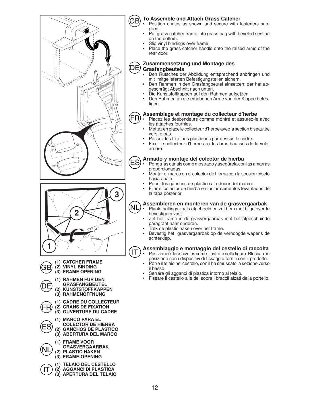 Husqvarna R145SV instruction manual To Assemble and Attach Grass Catcher, Zusammensetzung und Montage des Grasfangbeutels 