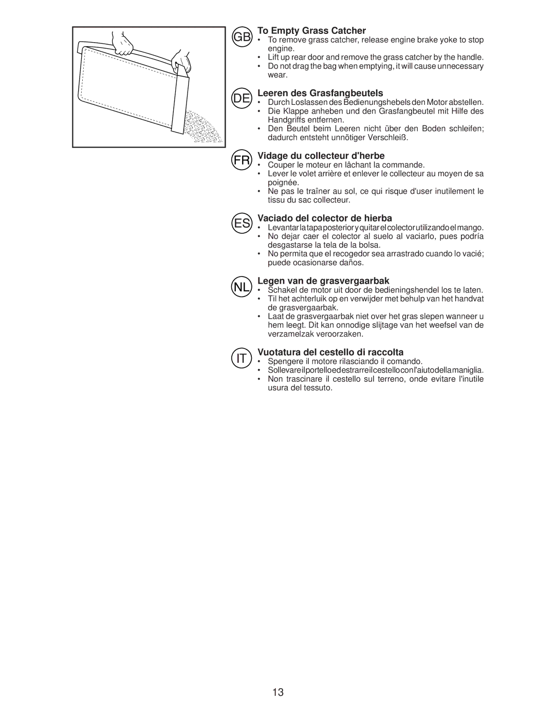 Husqvarna R145SV instruction manual To Empty Grass Catcher, Leeren des Grasfangbeutels, Vidage du collecteur dherbe 