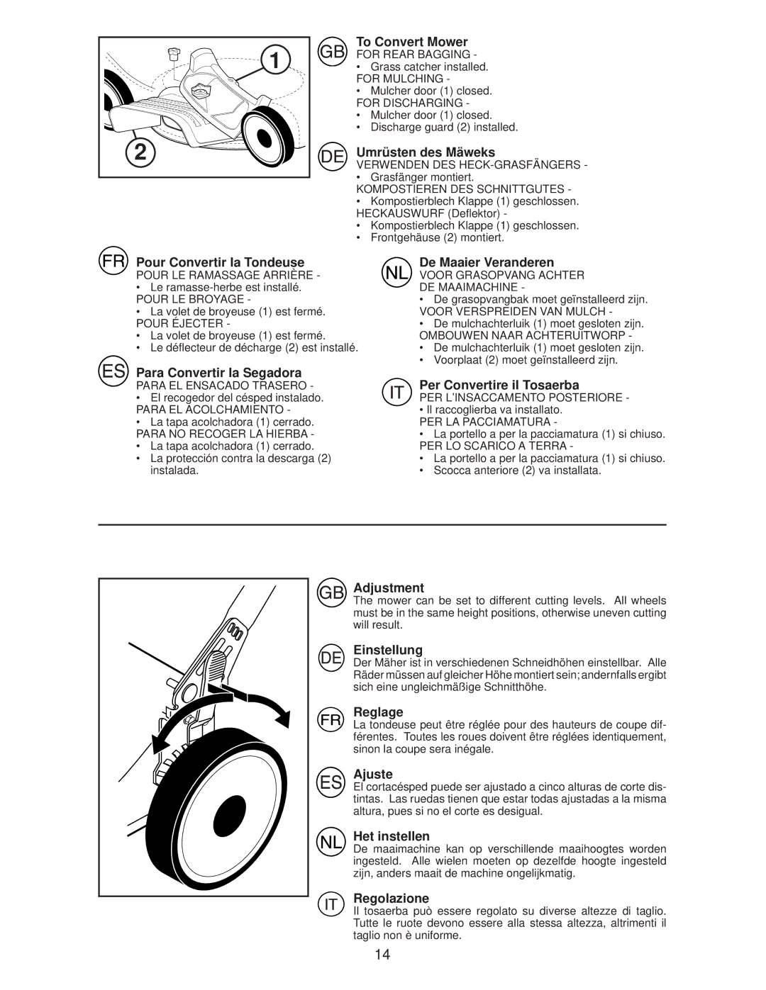 Husqvarna R145SV To Convert Mower, 2Umrüsten des Mäweks, Pour Convertir la Tondeuse, De Maaier Veranderen, Adjustment 