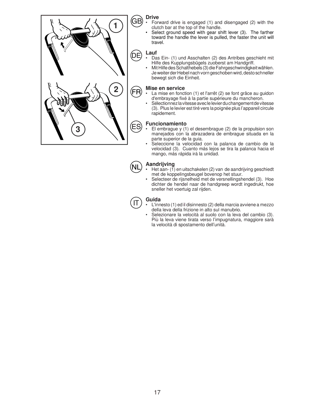 Husqvarna R145SV instruction manual Drive, Lauf, Mise en service, Funcionamiento, Aandrijving, Guida 