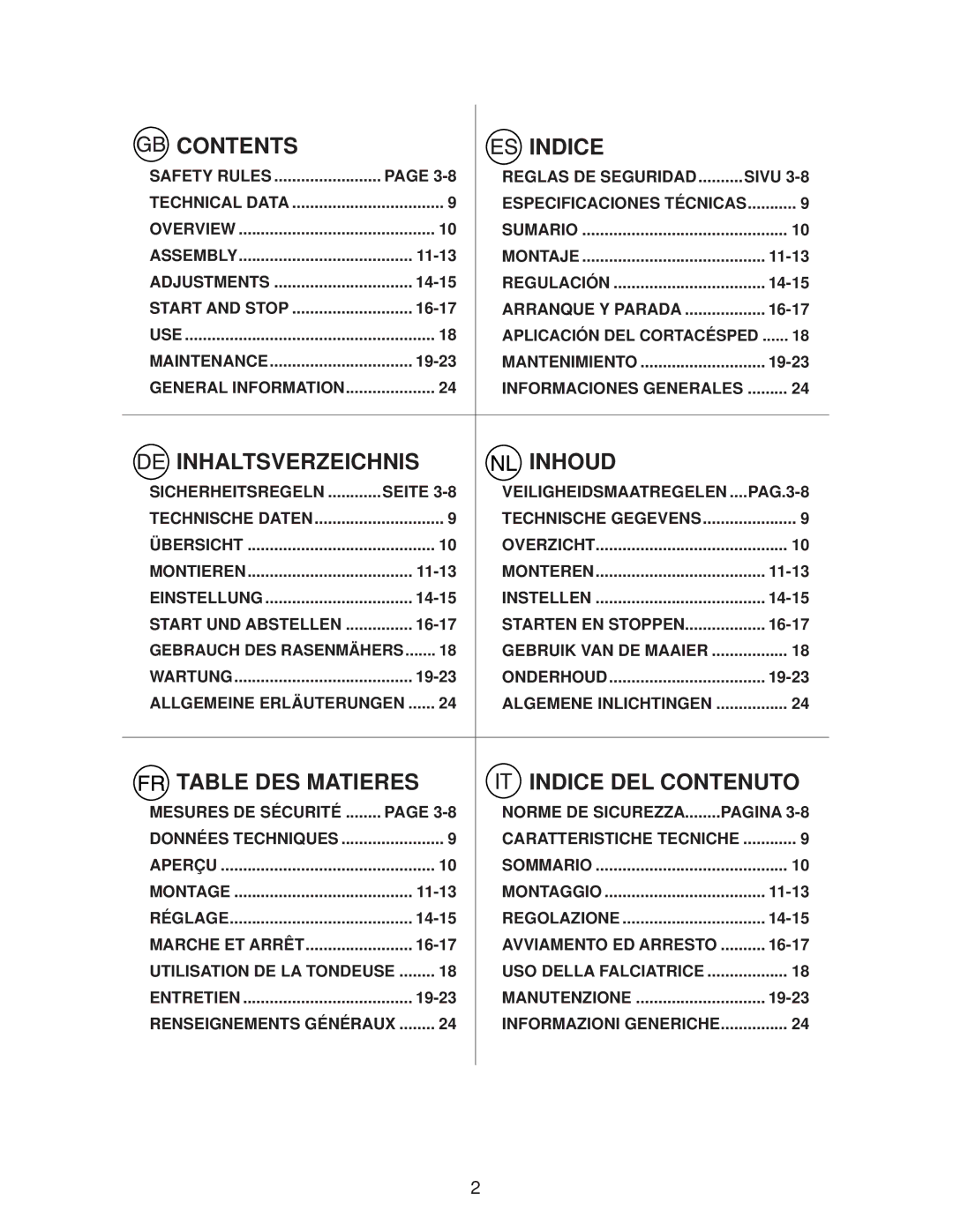 Husqvarna R145SV instruction manual Contents Indice 