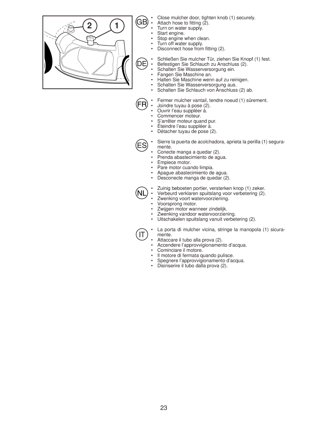 Husqvarna R145SV instruction manual Close mulcher door, tighten knob 1 securely 