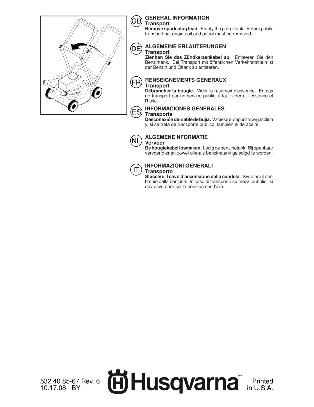 Husqvarna R145SV instruction manual Transporte, Vervoer, Transporto 