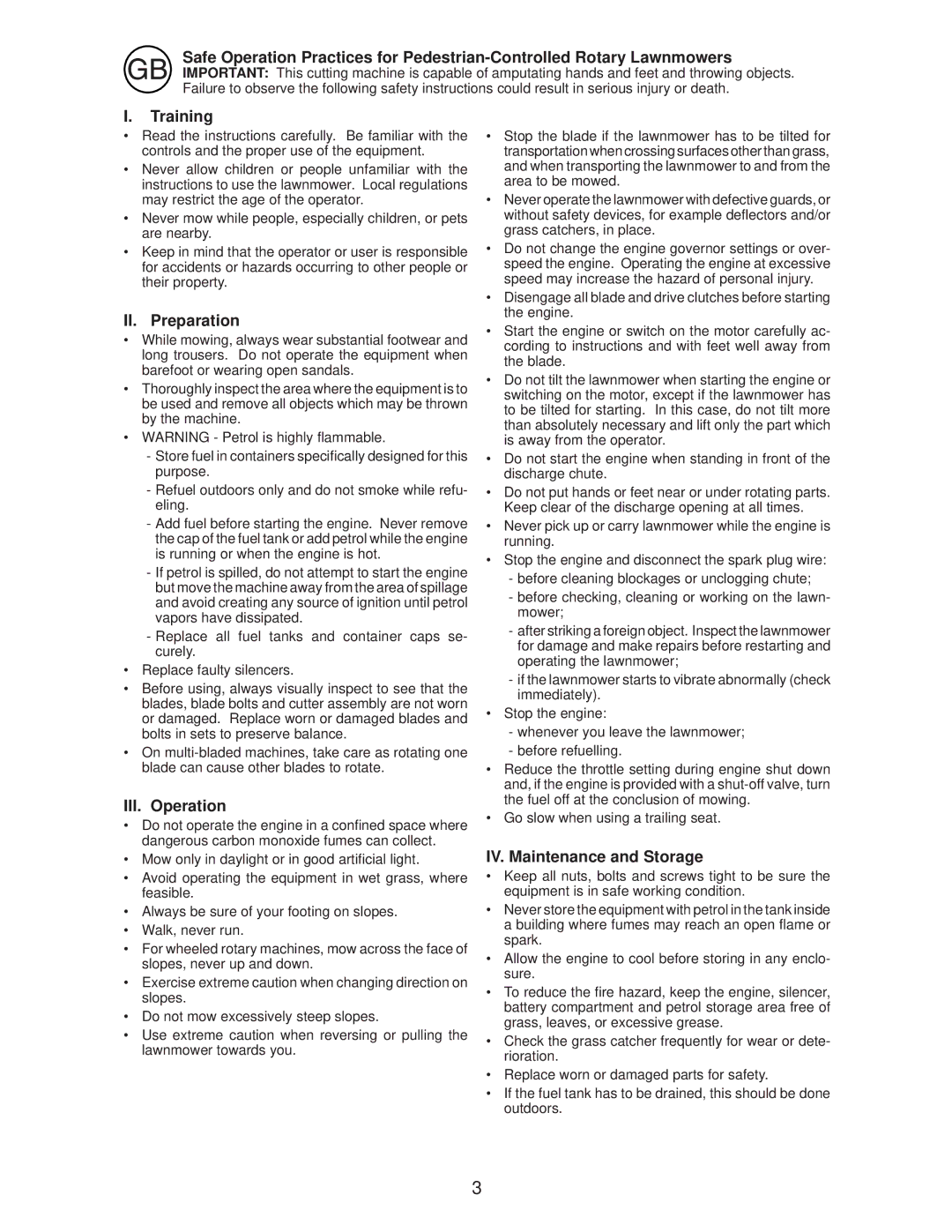 Husqvarna R145SV instruction manual Training, II. Preparation, III. Operation, IV. Maintenance and Storage 