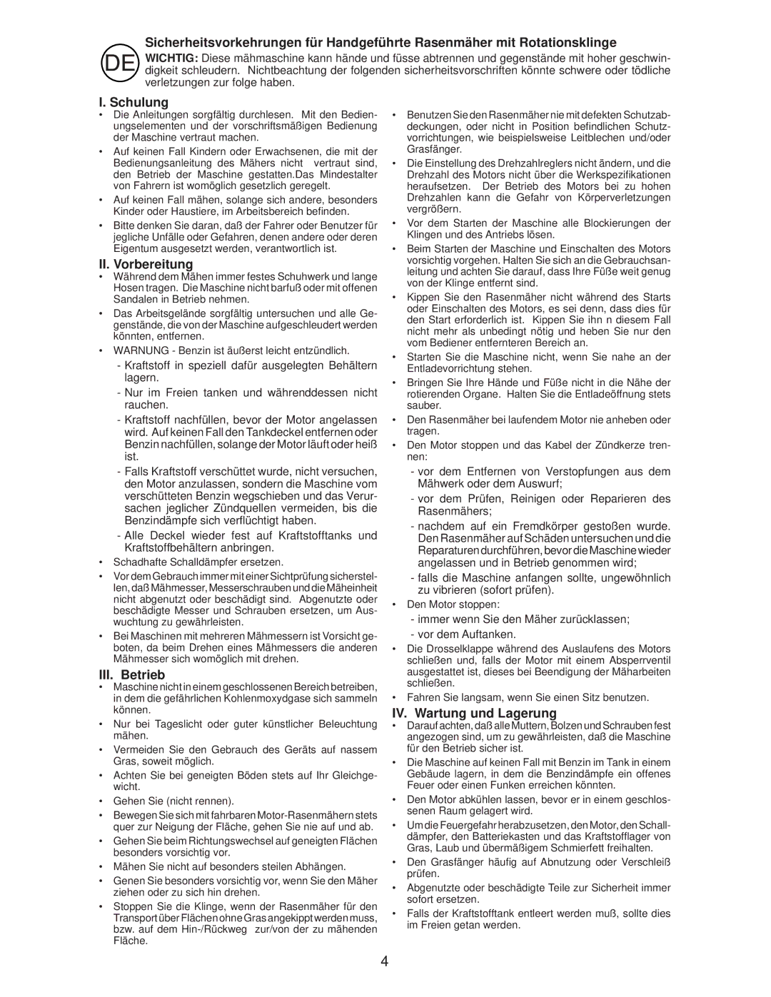 Husqvarna R145SV instruction manual Schulung, II. Vorbereitung, III. Betrieb, IV. Wartung und Lagerung 