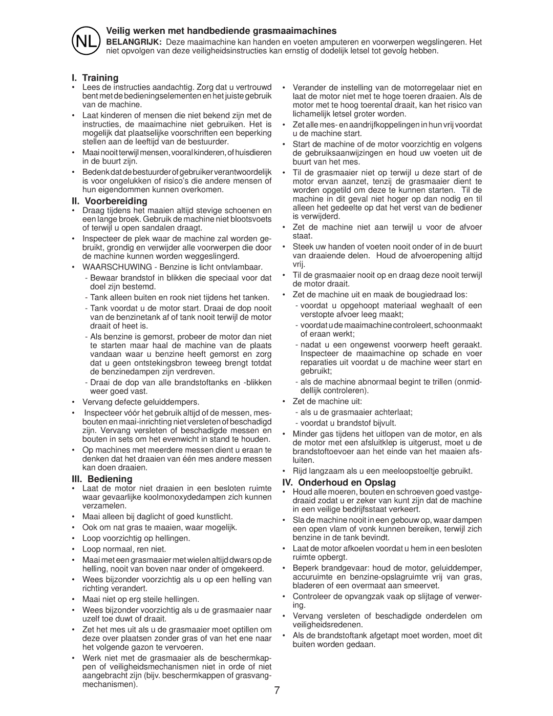 Husqvarna R145SV instruction manual Veilig werken met handbediende grasmaaimachines, II. Voorbereiding, III. Bediening 