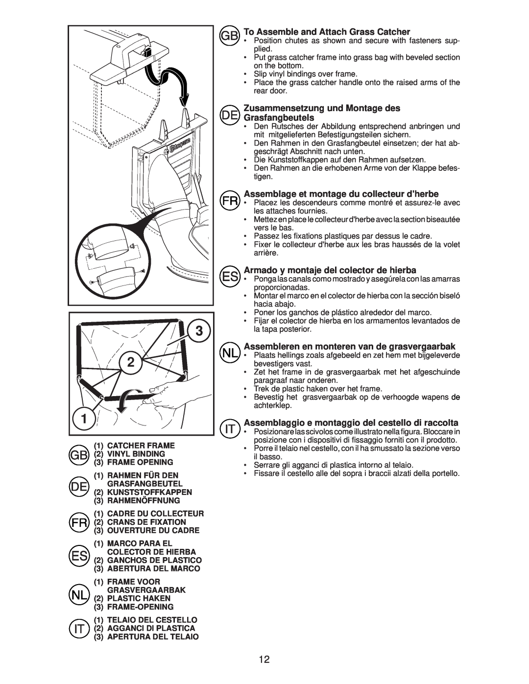 Husqvarna R145SV instruction manual To Assemble and Attach Grass Catcher, Zusammensetzung und Montage des Grasfangbeutels 