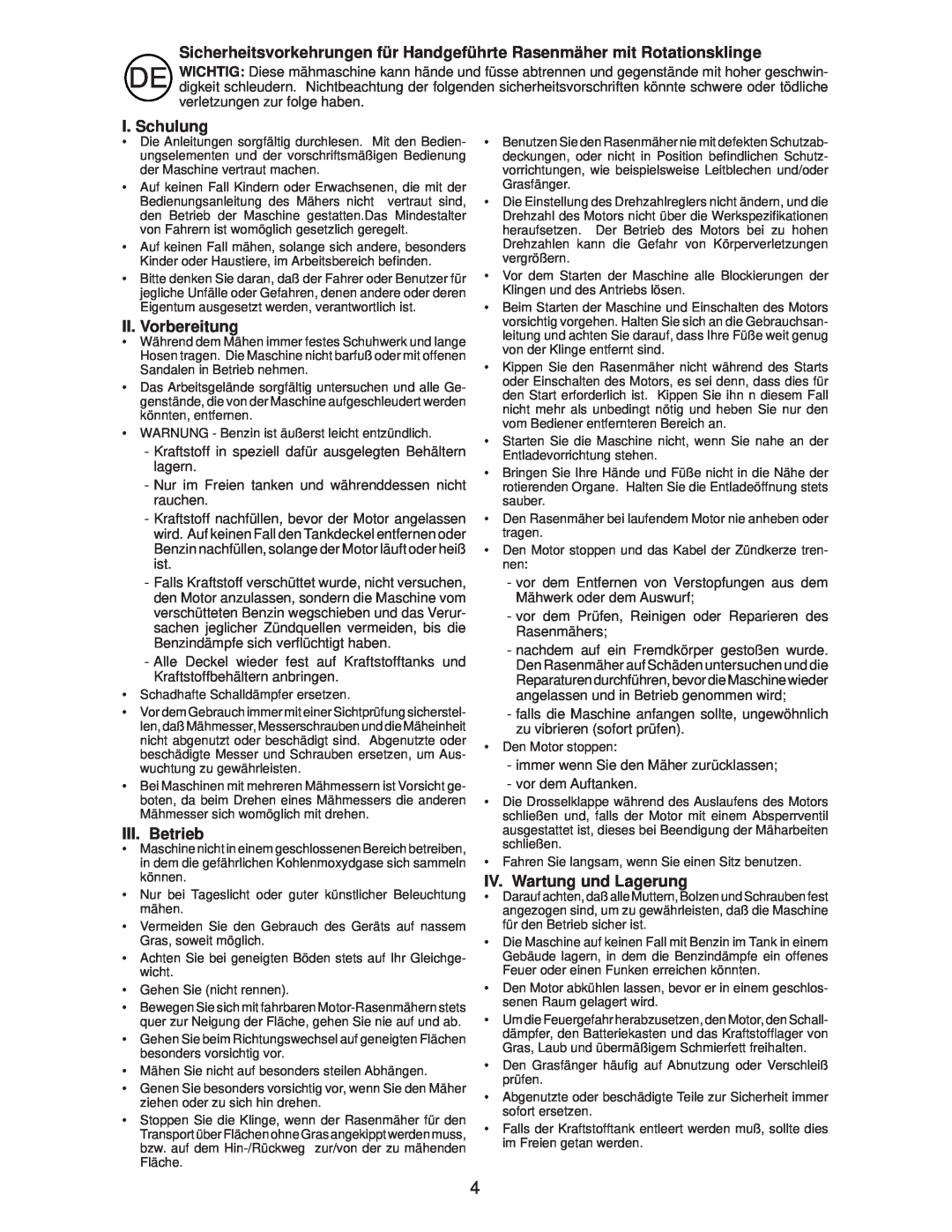 Husqvarna R145SV instruction manual I. Schulung, II. Vorbereitung, III. Betrieb, IV. Wartung und Lagerung 
