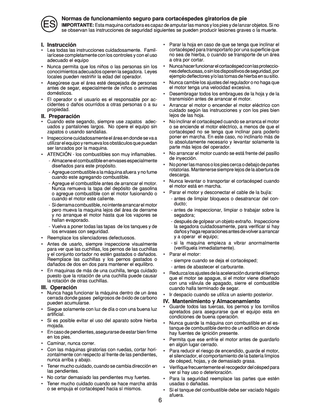 Husqvarna R145SV instruction manual I. Instrucción, II. Preparación, III. Operación, IV. Mantenimiento y Almacenamiento 