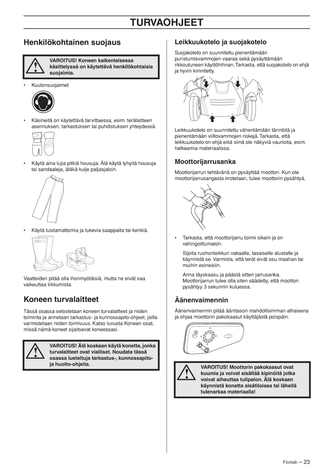 Husqvarna M148 SV, R148 SV manual Turvaohjeet, Henkilökohtainen suojaus, Koneen turvalaitteet 