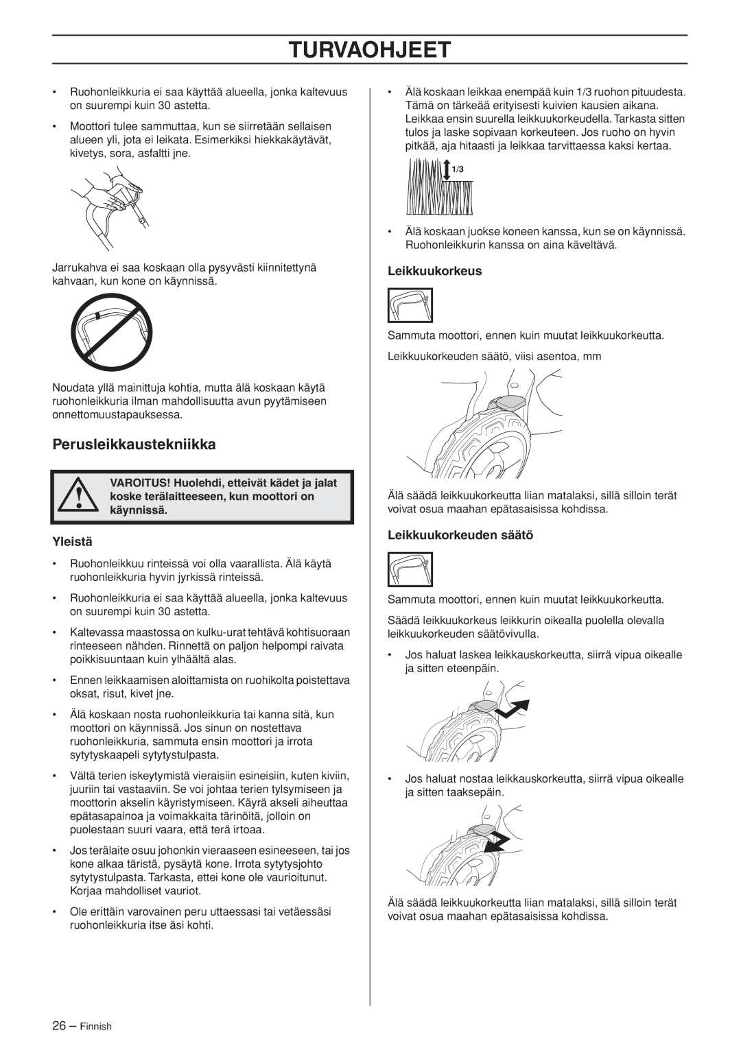 Husqvarna R148 SV, M148 SV manual Perusleikkaustekniikka, Yleistä, Leikkuukorkeus, Leikkuukorkeuden säätö 