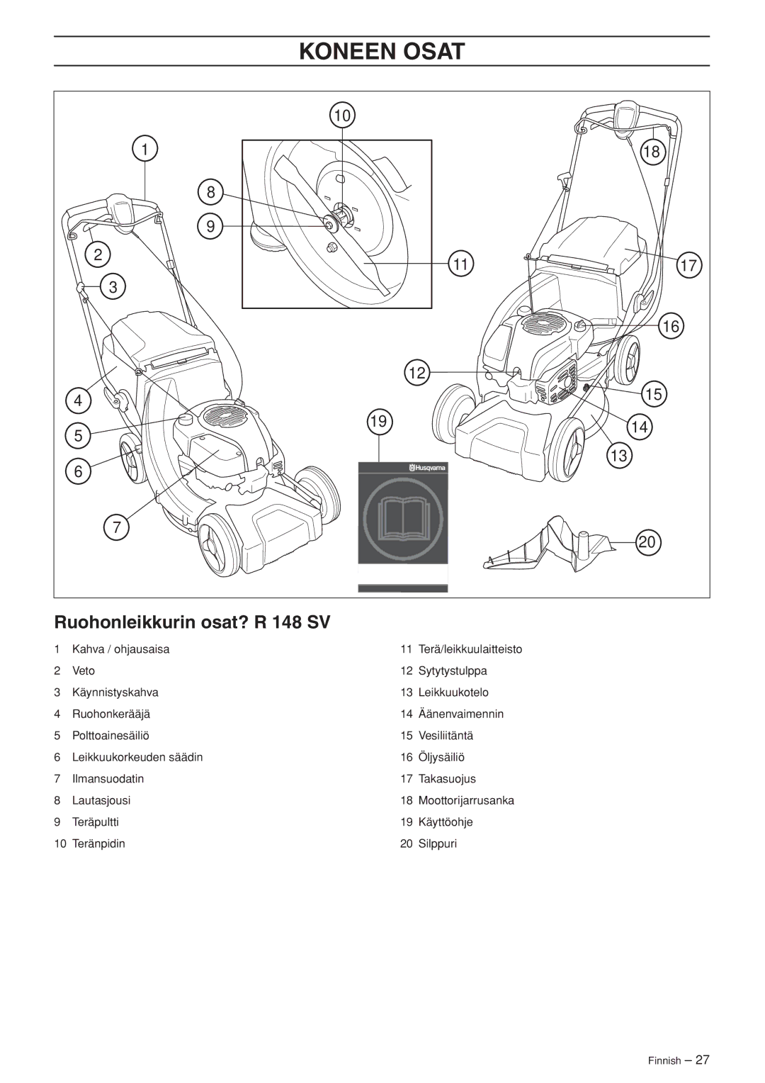 Husqvarna M148 SV, R148 SV manual Koneen Osat, Ruohonleikkurin osat? R 148 SV 